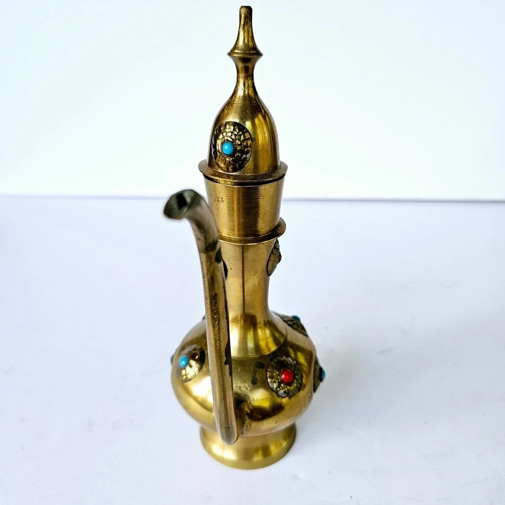 Vintage Brass Dallah Coffee Pot Turquoise Coral Accents Middle Eastern Decor 8in